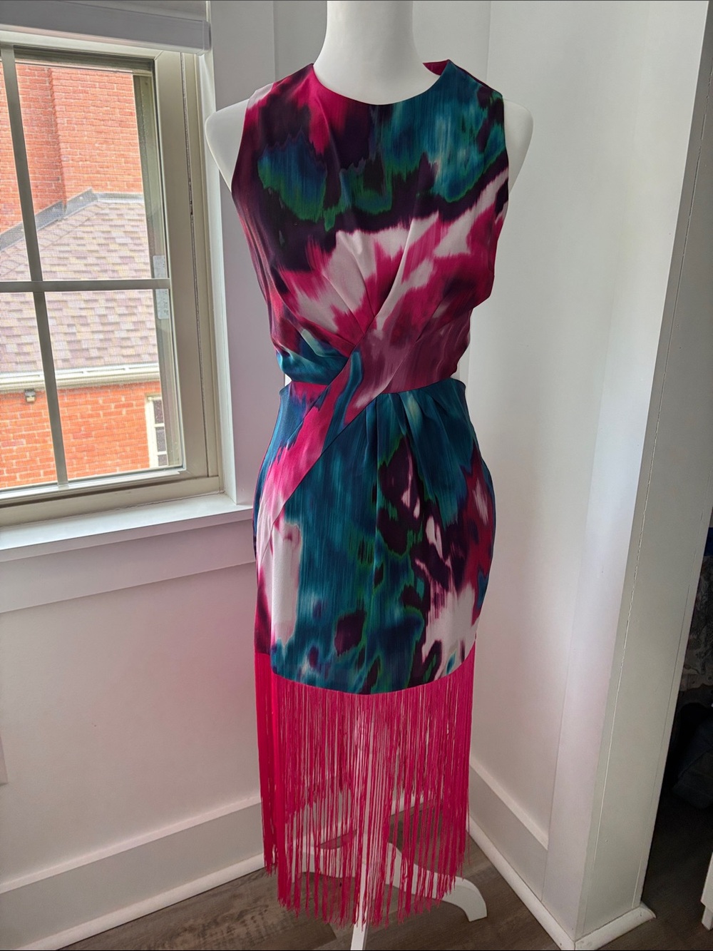 Sleeveless Abstract Print Midi Dress with Pink Fringe